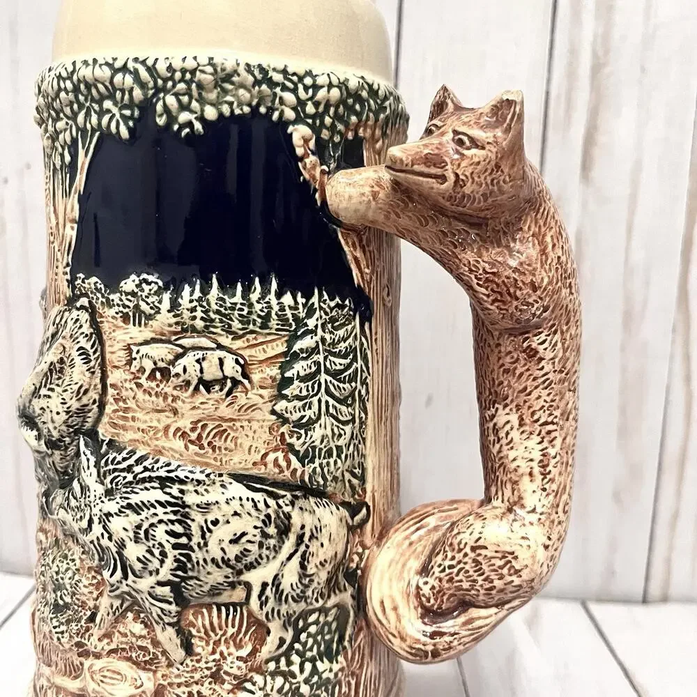 Vintage GERZ German BEER STEIN w/o Lid, Hunting Theme, Fox Handle... Beautiful
